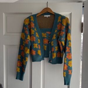 HYFVE Teal Cardigan and Top Set with Floral Design